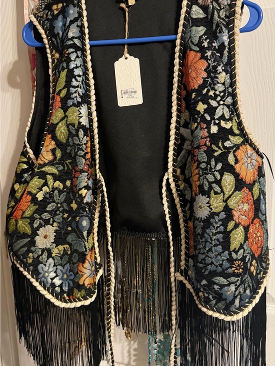 Jackets & Blazers - Floral Embroidered Fringe Vest - Black with Orange, Blue & Green